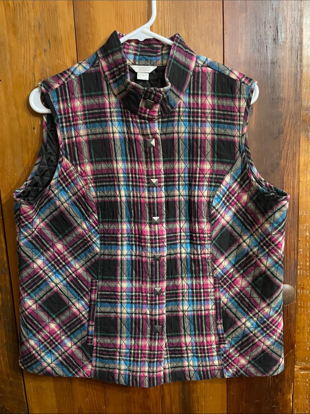 Christopher & Banks Quilted Plaid Vest in Black, Pink & Blue